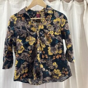 212 Collection Shirt Womens Small Petite  Brown‎ Floral 3/4 Sleeve Button Up Top